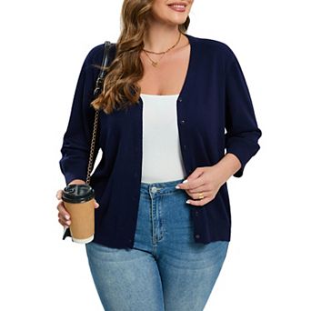 Women's Plus Size Cardigan Open Front Oversized Button Sweaters V Neck 3/4 Sleeve Knit Outwear
