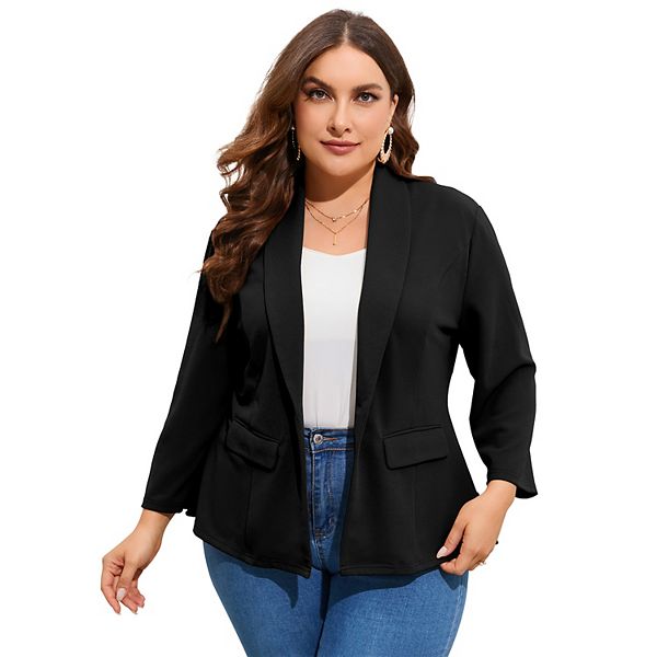 Plus Blazer Open Front Waist Length Asymmetric Hem