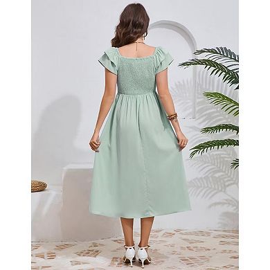 Maternity Flutter Short Sleeve Square Neck Summer Casual Dress Smocked Boho Maxi Dress
