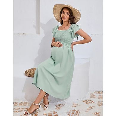 Maternity Flutter Short Sleeve Square Neck Summer Casual Dress Smocked Boho Maxi Dress