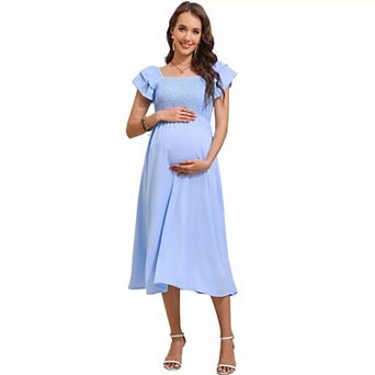 Maternity Flutter Short Sleeve Square Neck Summer Casual Dress Smocked Boho Maxi Dress