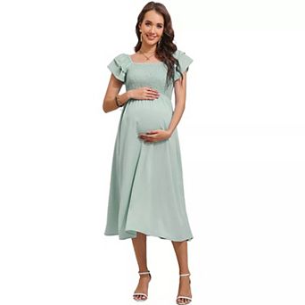Maternity Flutter Short Sleeve Square Neck Summer Casual Dress Smocked Boho Maxi Dress