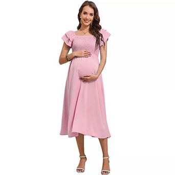 Maternity Flutter Short Sleeve Square Neck Summer Casual Dress Smocked Boho Maxi Dress