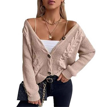 Women's Fall Winter Light Knit Crochet Solid Color Long Sleeve Sweater Button Cardigan