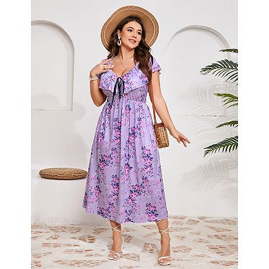 Women's Plus Size Maxi Dress Flutter V Neck Sleeveless Flowy Boho Floral Print Wedding Dresses