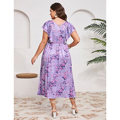 Women's Plus Size Maxi Dress Flutter V Neck Sleeveless Flowy Boho Floral Print Wedding Dresses