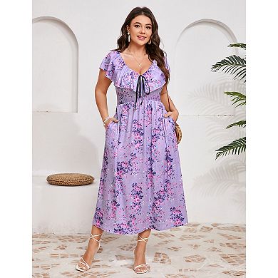 Women's Plus Size Maxi Dress Flutter V Neck Sleeveless Flowy Boho Floral Print Wedding Dresses