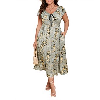 Women's Plus Size Maxi Dress Flutter V Neck Sleeveless Flowy Boho Floral Print Wedding Dresses