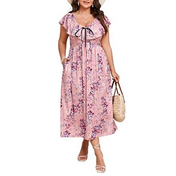 Women's Plus Size Maxi Dress Flutter V Neck Sleeveless Flowy Boho Floral Print Wedding Dresses