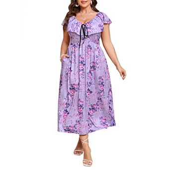 Women's Plus Size Maxi Dress Flutter V Neck Sleeveless Flowy Boho Floral Print Wedding Dresses