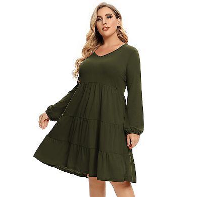 Women's Plus Size Casual Dress Lantern Sleeve Ruffle Hem V Neck Loose Swing Tunic Mini Dress