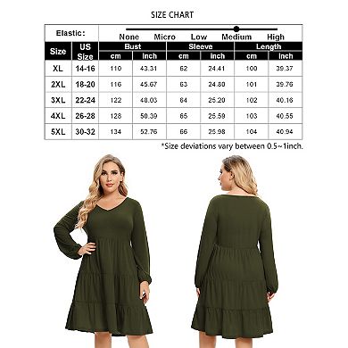 Women's Plus Size Casual Dress Lantern Sleeve Ruffle Hem V Neck Loose Swing Tunic Mini Dress