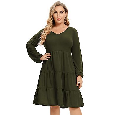 Women's Plus Size Casual Dress Lantern Sleeve Ruffle Hem V Neck Loose Swing Tunic Mini Dress