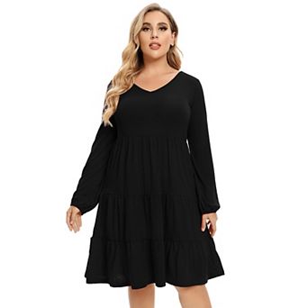Women's Plus Size Casual Dress Lantern Sleeve Ruffle Hem V Neck Loose Swing Tunic Mini Dress