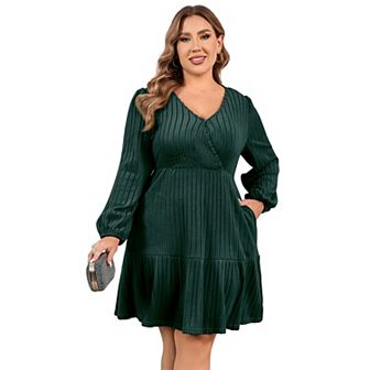 Womens Plus Size A Line Wrap Sweater Dresses Long Sleeve V Neck Fall Solid Dress