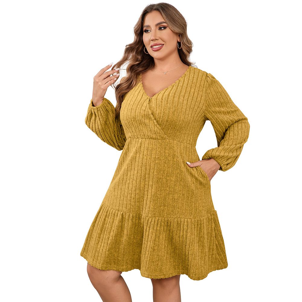 Womens Plus Size A Line Wrap Sweater Dresses Long Sleeve V Neck Fall Solid  Dress