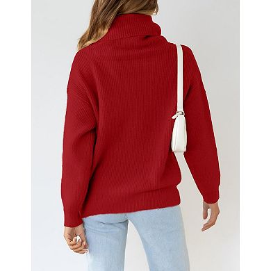 Womens Turtleneck Drop Shoulder Sweaters Chunky Knit Long Sleeve Oversized Pullover Jumper Tops