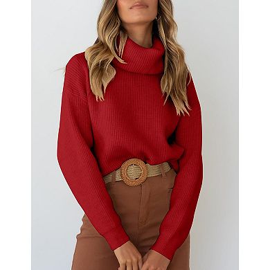 Womens Turtleneck Drop Shoulder Sweaters Chunky Knit Long Sleeve Oversized Pullover Jumper Tops