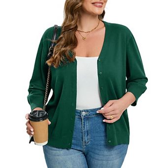 Women's Plus Size Cardigan Open Front Oversized Button Sweaters V Neck 3/4 Sleeve Knit Outwear