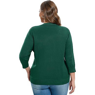 Women's Plus Size Cardigan Open Front Oversized Button Sweaters V Neck 3/4 Sleeve Knit Outwear