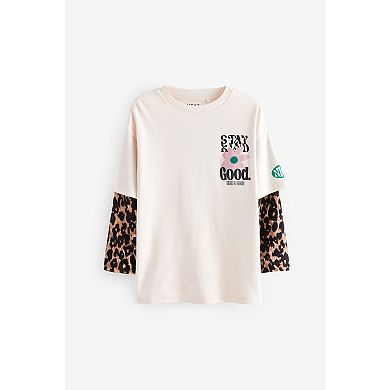 Girls 4-12 NEXT Double Layer Animal Long Sleeve 100% Cotton Graphic T-Shirt