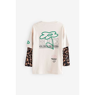 Girls 4-12 NEXT Double Layer Animal Long Sleeve 100% Cotton Graphic T-Shirt