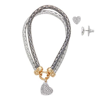 Nine West Tri-Tone 2-Row Pave Heart Bracelet & Heart Stud Earrings Set