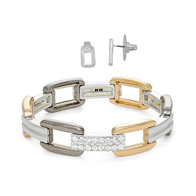 Nine West Tri-Tone Pave Link Stretch Bracelet & Stud Earring Set