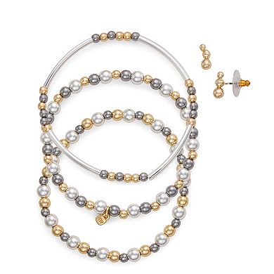 Nine West Tri-Tone 3 Row Beaded Stretch Bracelet & Stud Earrings Set