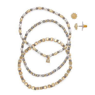 Nine West Tri-Tone 3-Row Stretch Bracelet & Stud Earrings Set