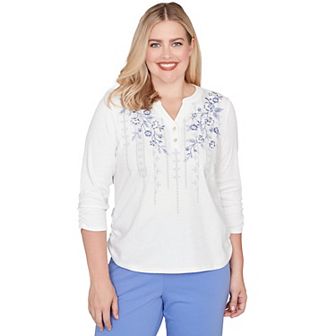 Petite Alfred Dunner Geometric Floral Ruched Henley Top