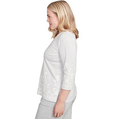 Petite Alfred Dunner Embellished Striped Crew Neck Top