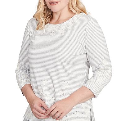 Petite Alfred Dunner Embellished Striped Crew Neck Top