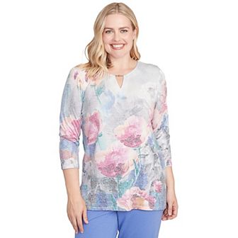 Petite Alfred Dunner Floral Brushstroke Beaded Split Neck Top