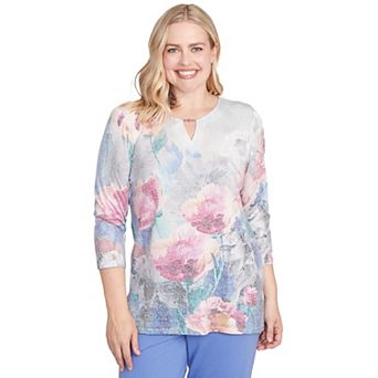 Petite Alfred Dunner Floral Brushstroke Beaded Split Neck Top