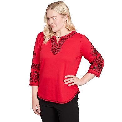 Petite Alfred Dunner Knit Embroidered Sleeve Beaded Split Neck Top