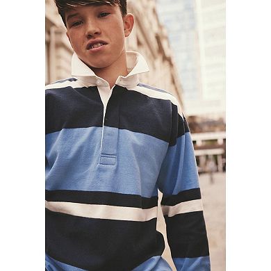 Boys 4-12 NEXT Blue Long Sleeve Rugby 100% Cotton Polo Shirt