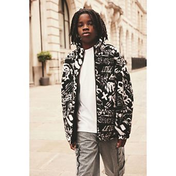 Boys 4-12 NEXT Black / White Printed Zip Through Borg Fleece