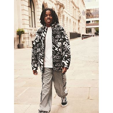 Boys 4-12 NEXT Black / White Printed Zip Through Borg Fleece