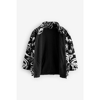 Boys 4-12 NEXT Black / White Printed Zip Through Borg Fleece