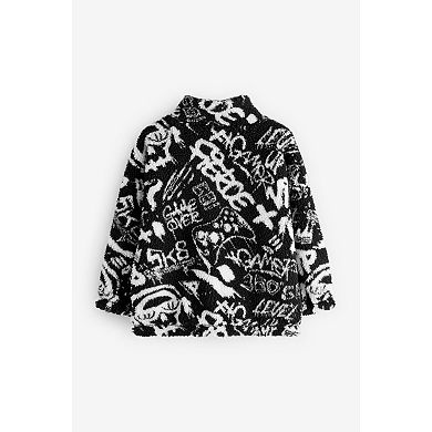 Boys 4-12 NEXT Black / White Printed Zip Through Borg Fleece