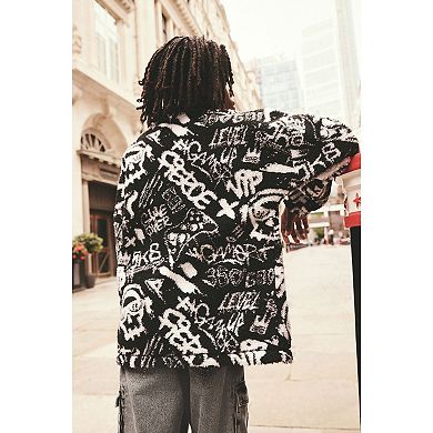 Boys 4-12 NEXT Black / White Printed Zip Through Borg Fleece