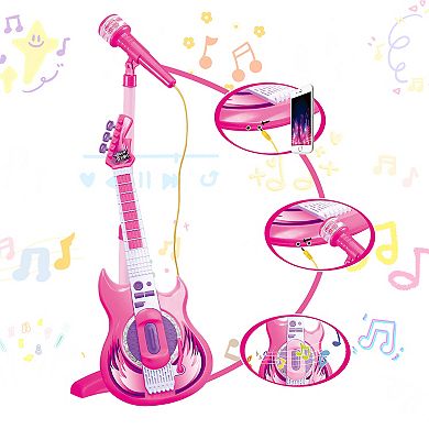 Contixo Pink Kids Guitar and Microphone Set - Adjustable Stand, Musical Toy