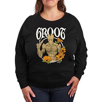 Plus Size Guardians of the Galaxy Groot Peace Flowers French Terry Long Sleeve Tee