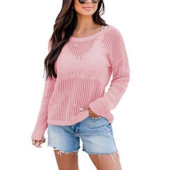 Women's Crochet Tops Long Sleeve Hollow Out Beach Summer Sweater Boho Knit Coverup