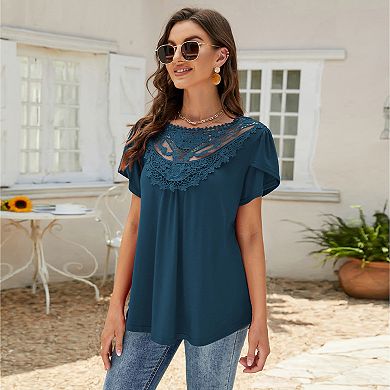 Summer Blouse for Women Lace Petal Sleeve Tops Short Sleeve Pleated Shirt Loose A Line Tshirts