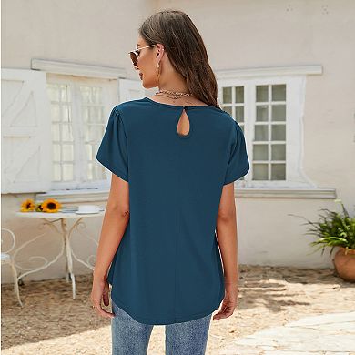 Summer Blouse for Women Lace Petal Sleeve Tops Short Sleeve Pleated Shirt Loose A Line Tshirts