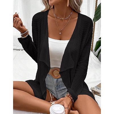 Womens Lightweight Crochet Cardigan Sweater Rib Knit Open Front