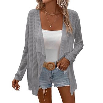 Womens Lightweight Crochet Cardigan Sweater Rib Knit Open Front Sweater Coats