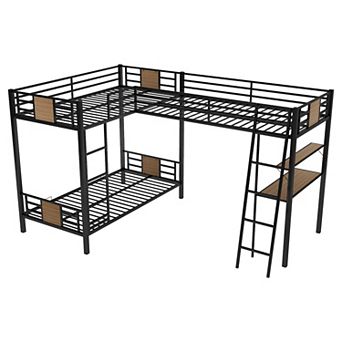Merax L-Shaped Twin over Twin Bunk Bed with Twin Size Loft Bed with Desk and Shelf